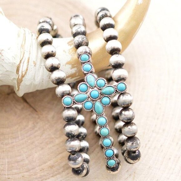 Turquoise Semi Stone Cross Navajo Pearl Stretch Triple Row Silver Bracelet - Picture 1 of 3